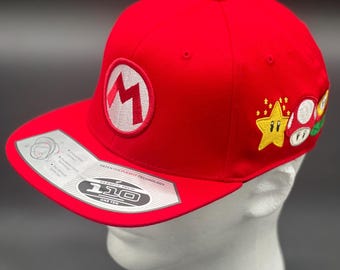 Mario Inspired Custom Embroidered Hat – Super Mario Gamer Cap with Power-Ups & Villains – Retro Gaming Snapback for Nintendo Fans