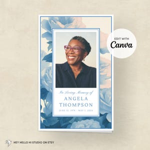 Blue Rose Funeral Program Template, Floral Obituary Template, Editable Canva Memorial Program, Serene Watercolor Flowers Celebration of Life