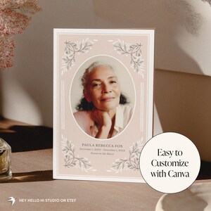 May include: A memorial card with a portrait of a woman in an oval frame, surrounded by floral designs. The card has the text "PAULA REBECCA FOX" and dates. A circular graphic reads "Easy to Customize with Canva".