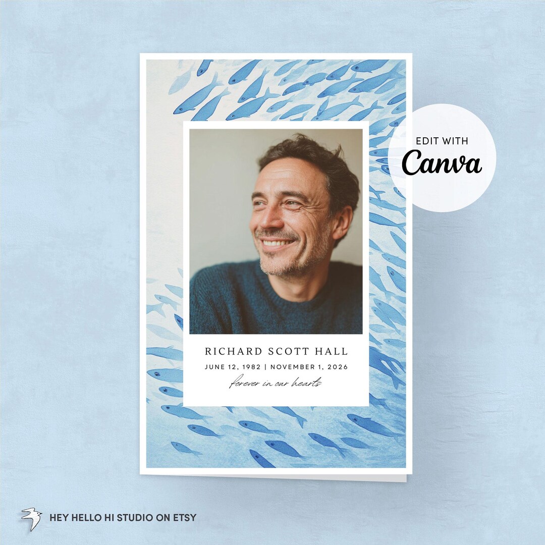 Fishing Memorial Invitation: Royal Blue Funeral Program Template (canva ...