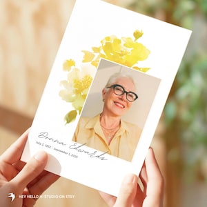 May include: A white memorial card featuring a photograph of a smiling woman with glasses. The card has yellow floral watercolor accents and the name "Donna Edwards" with dates "July 2, 1952 - September 1, 2025".