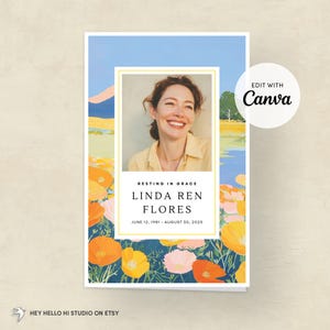Yellow Funeral Program Template, Editable Canva Obituary & Memorial Program, Celebration of Life Service, Joyful Floral Artwork