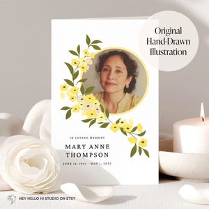 Funeral Program Template for Women - Easy Editable Celebration of Life Design in Canva - Yellow Floral Print at Home Obituray Template