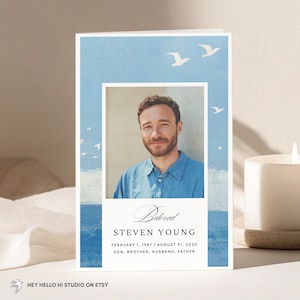 Sjabloon begrafenisprogramma Beach Celebration of Life: overlijdensbericht kust (digitale download, canva bewerken)