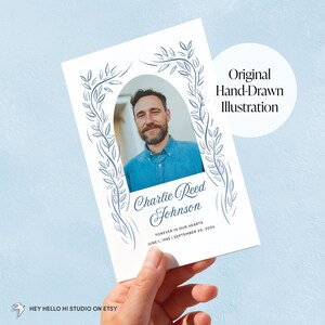 Peut inclure: Une carte blanche avec une photo d'un homme, encadrée par un motif floral bleu. La carte porte l'inscription "Charlie Reed Johnson" et les dates "1er juin 1985 | 20 septembre 2026". Le texte "Original Hand-Drawn Illustration" est également présent.