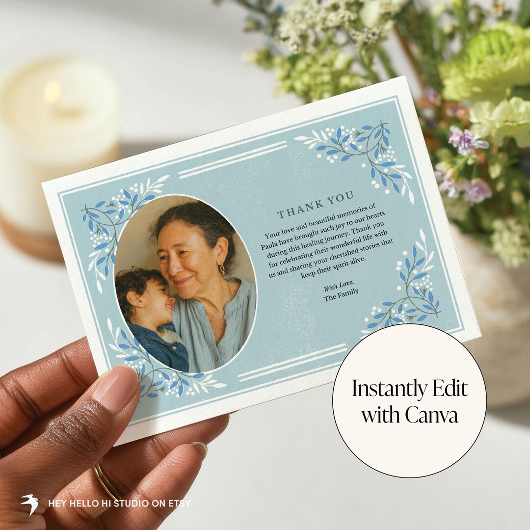 Blue Funeral Thank You Card Template – Memorial Mass Thank You – Hand ...