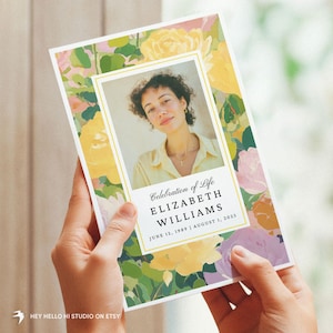 Cherish Their Life: Personalized Memorial Program in Lovely Floral Theme, Yellow Funeral Program Template, Obituary, Celebration of Life