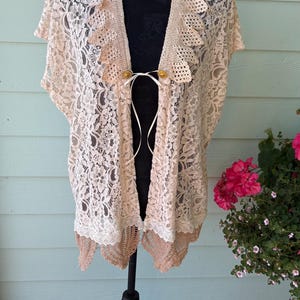 Ladies Vintage Lace Vest- Embellished with crocheted collar and bottom edging. Women&#39;s Medium to large size Lace Vest.