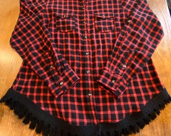 Upcycled Flannel Shirt: Red & Black Check, Black Fringe (Size L)