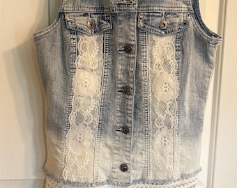 Upcycled Denim Jean Vest: Vintage Lace Panels