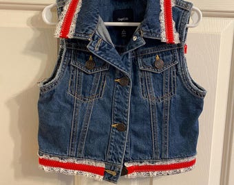 Child’s Embellished Denim Vest.  Size 6  Trimed in red and white.