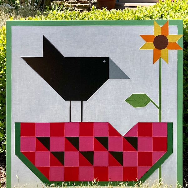 Hand Painted Crow Watermelon Barn Quilt - 2'x 2' Wood Sign