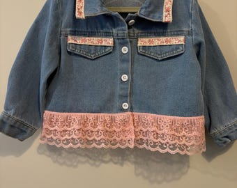 Toddlers Denim Jacket. Embellished Jacket. Upcycled with embroidery, lace and trim. Size 2-3 yrs.