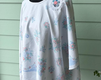 Upcycled Pink & Blue Floral Tablecloth Tunic Top with lace.  Vintage 1970s Style