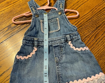 Denim Bib Jumper Dress (12-18 Months): Rickrack & Lace Embellished