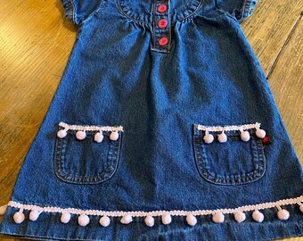 Baby’s First Denim dress. Embellished Dress  size 18 mos.  Upcycled in pink!