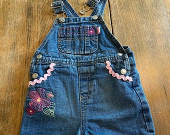 Embellished Denim Bib Shorts: Old Navy, Pink Lace & Rickrack (6-12 Mos)