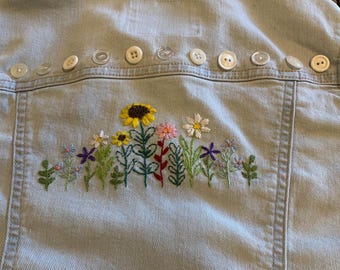 Child’s Embroidered Denim Jacket. Size 8. Upcycled Jacket with embroidery and buttons.