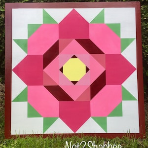 Not2Shabbee has Barn Quilts! Hand Painted Made to Order. Rose Pattern Barn Quilt 2&#39;x 2&#39; on outdoor sign board.