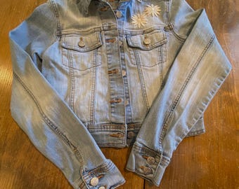 Upcycled Denim Jean Jacket: Embellished Boho Style, Size S