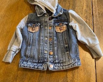 Boys Denim Hooded Jacket: Plaid Accents, Monkey Buttons (12-18 mos)