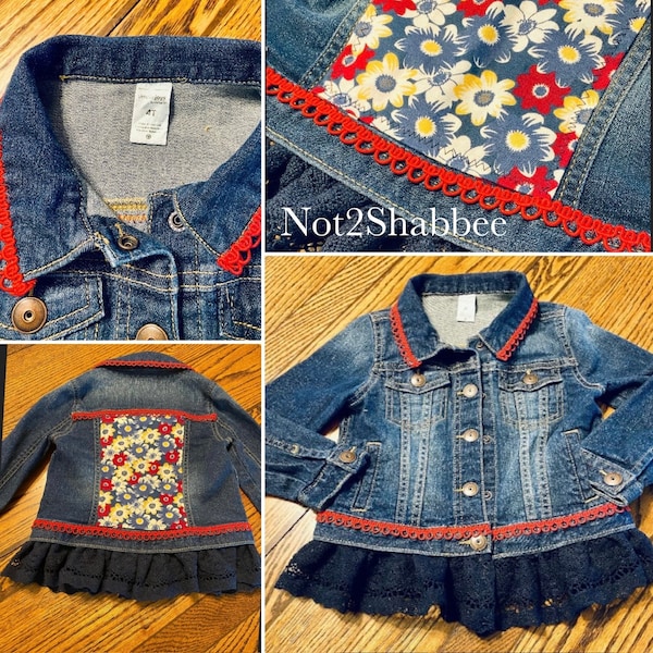 Size 4T Toddler girls upcycled denim Jacket embellished in reds with dark blue lace ruffle. Girls Embellished Jean Jacket