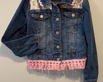 Upcycled Denim Jacket: Girls Size 8 Embellished with pink.