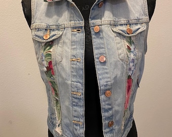 Upcycled Denim Vest: Floral Embellished Jean Vest, Size 8