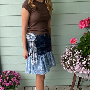 Repurposed Denim Jeans with gathered skirt.  Pieced Denim Skirt - Upcycled Denim - Pieced Denim Skirt