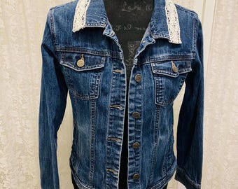 Upcycled Denim Jean Jacket: Boho Lace Collar, Button Bouquet (Size 14-16)