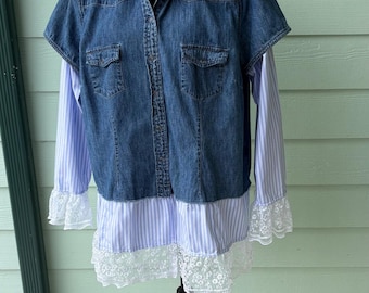 Upcycled Denim Shirt: Boho Lace Embellished