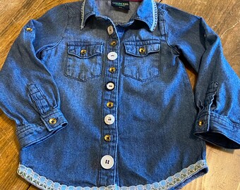 Upcycled OshKosh Denim Shirt, Blue Floral Lace Embellished (Size 3T)