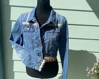 Denim Jean Jacket embellished with Vintage Handmade Laces &  Fringe.  Boho Upcycled Jean. Size S