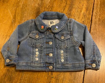 Baby’s First Denim Jacket. Embellished Jacket. Baby size 6 mos. Upcycled with button flowers.