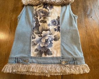 Upcycled Denim Jean Vest: Vintage Fringe & Floral Panel - Boho XS