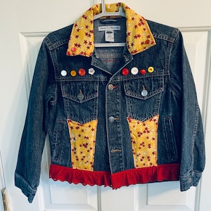 Girls upcycled denim Jacket Size 7. Embellished in reds & yellow. Girls Jean Jacket.  Embellished Jean Jacket.