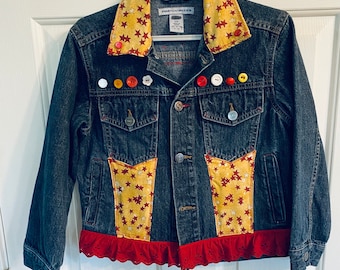 Upcycled Denim Jacket: Girls Size 7, Red & Yellow Star Embellished