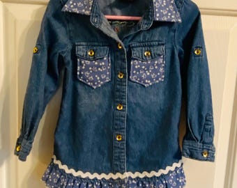 Upcycled Girls Denim Shirt (Size 3T): Ruffle & Rickrack Embellished OshKosh
