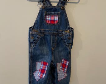 Toddler Boy or Girl Denim Bib Overalls. Embellished Overalls. Size 6 to 12 mos.