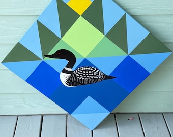 Hand Painted Loon Barn Quilt: 2'x2' Wooden sign board.