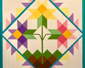 Hand Painted Flower Barn Quilt: 2'x2' Wood Quilt Block