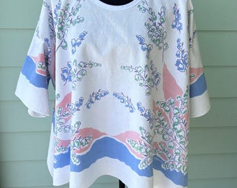 Upcycled Pink & Blue Floral Tablecloth Tunic Top - Vintage 1970s Style