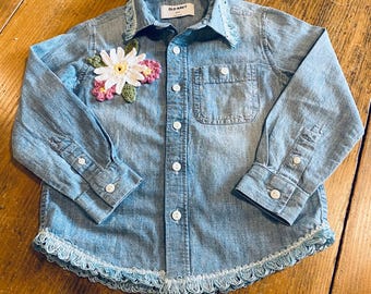 Upcycled Denim Shirt (Size XS-5): Floral Hankie, Crochet Flowers