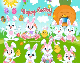 Easter clipart, Easter bunny, Easter eggs, Easter rabbit, Spring clipart, Cute spring graphics, Easter chicks, commercial use