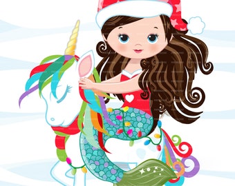 Christmas Mermaid, Mermaid clipart, Mermaid Princess, Mermaid graphics, Christmas clipart, brunette mermaid