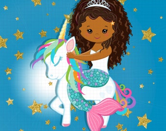 Mermaid and unicorn clipart, African American, African, Mermaid unicorn, Unicorn mermaid, Unicorn clipart, Mermaid clipart
