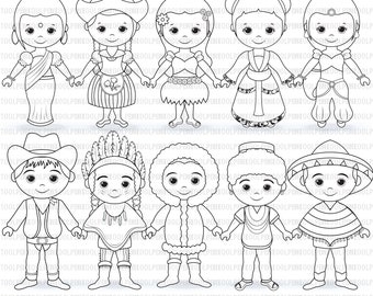 Children around the World - Digital Stamp clipart, World Children digi stamps, Global clipart, Unity clipart, Line art, Coloring pages