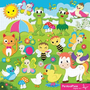 Frühling Clipart, Blumen Clipart, Schmetterling, Schnecke Frosch, Ente, Blumen Clipart