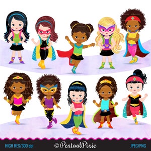 Superhelden Mädchen Clipart, Mädchen macht Clipart, Batgirl, Wonder Woman, niedliche Superhelden Clipart, Sublimation PNG, Superhelden Mädchen Clipart