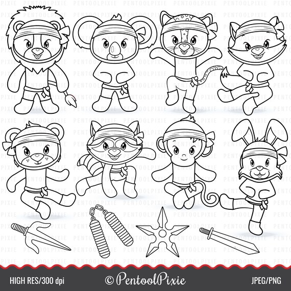 Ninja Animals Clipart Black and White Lineart Digital - Etsy Norway